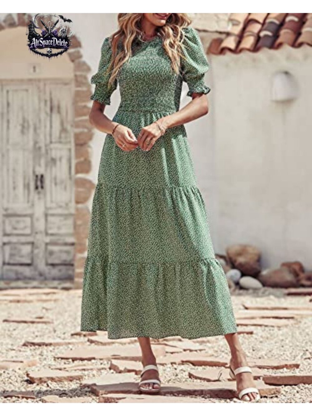 Women's Boho Maxi Dress Smocked Tiered Puff Sleeve Floral A-Line - Picture 4 of 6